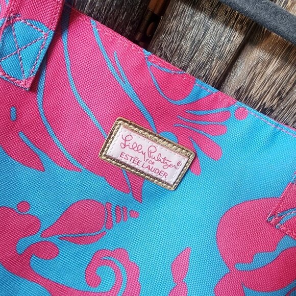 Lilly Pulitzer for Estee Lauder Pink Blue Crabs Shells Canvas Tote Beach Bag EUC - Picture 5 of 8